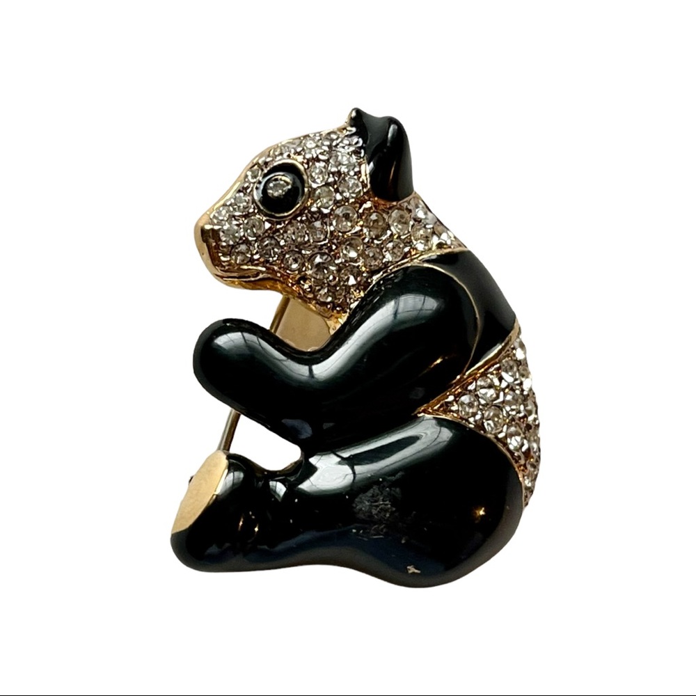 Vintage Carolee Dimensional Panda Bear Black Enamel Crystal Rhinestone Pin